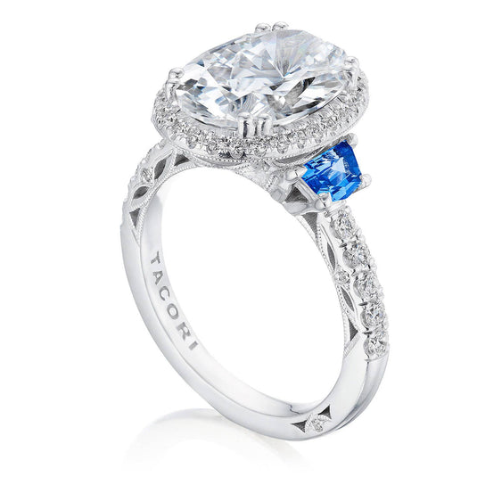Dantela | Oval 3-Stone Engagement Ring with Blue Sapphire 269322OV125X9BS