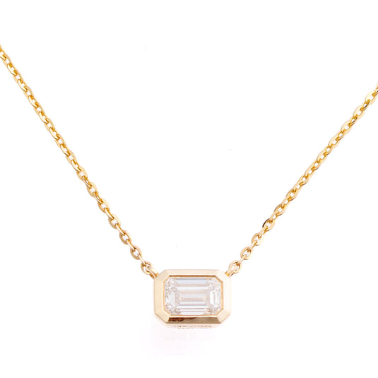 East-West Emerald Cut Bezel Lab-Grown Diamond Solitaire Necklace in 14k Yellow Gold